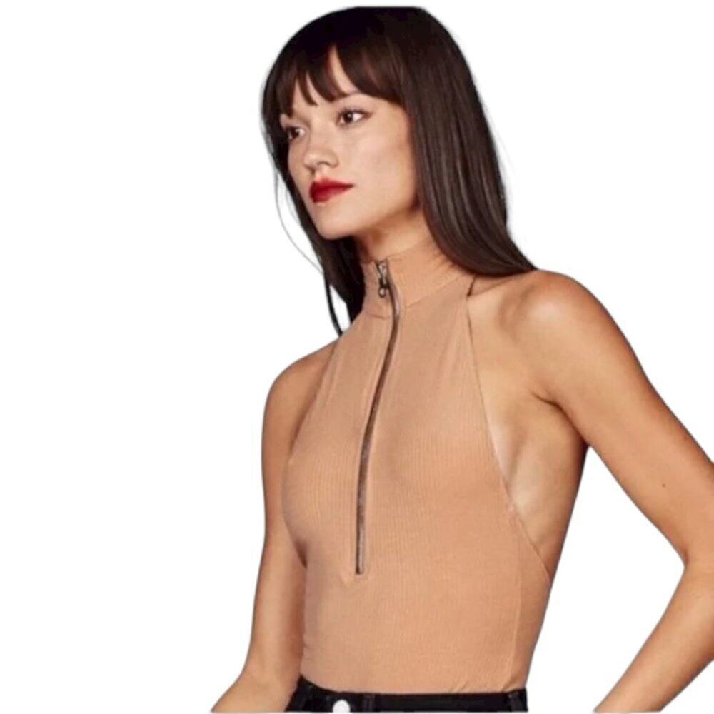 Reformation Women's Tan High Neck Sleeveless Charlie Bodysuit Size M